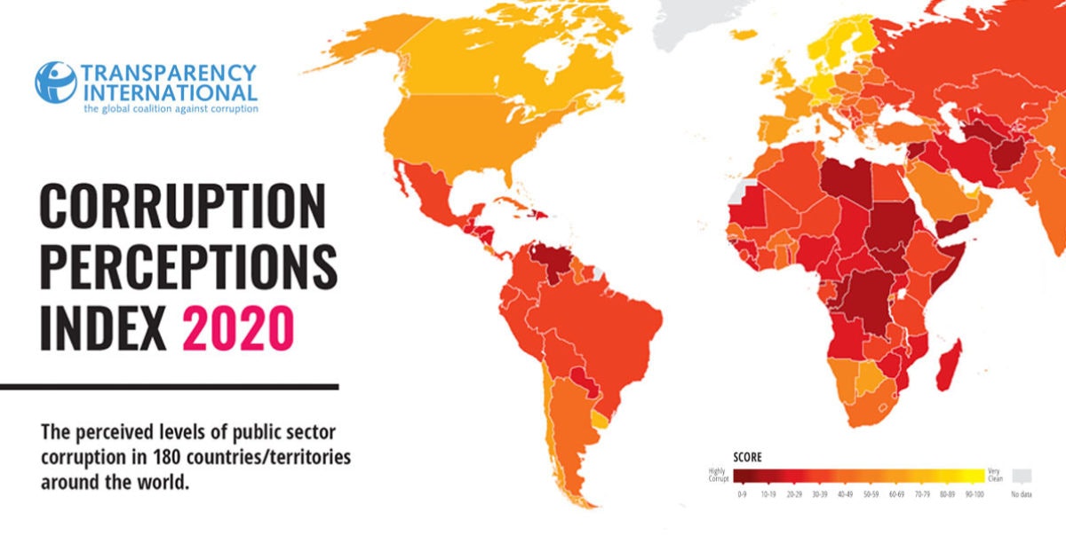 A worldmap of perceived level of corrution in the public sector in 2018