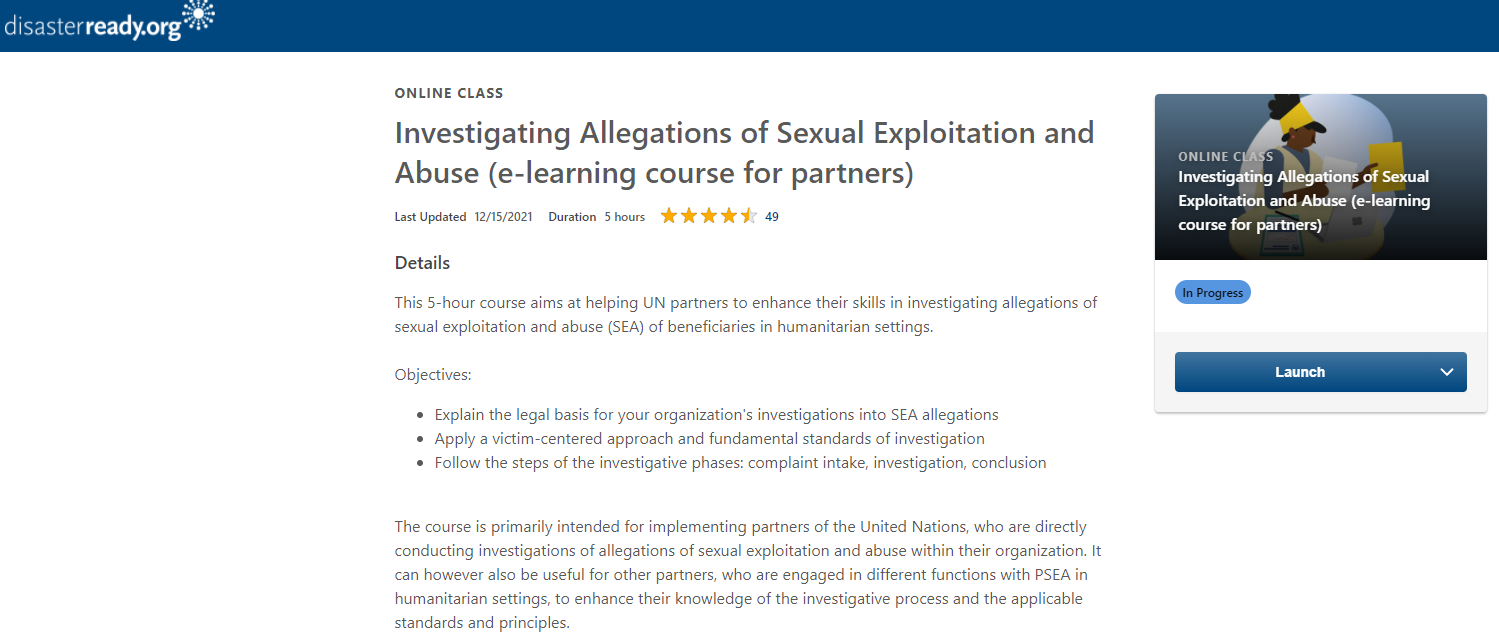 This image describes the Investigating Allegations of Sexual Exploitation and Abuse (e-learning course for partners).